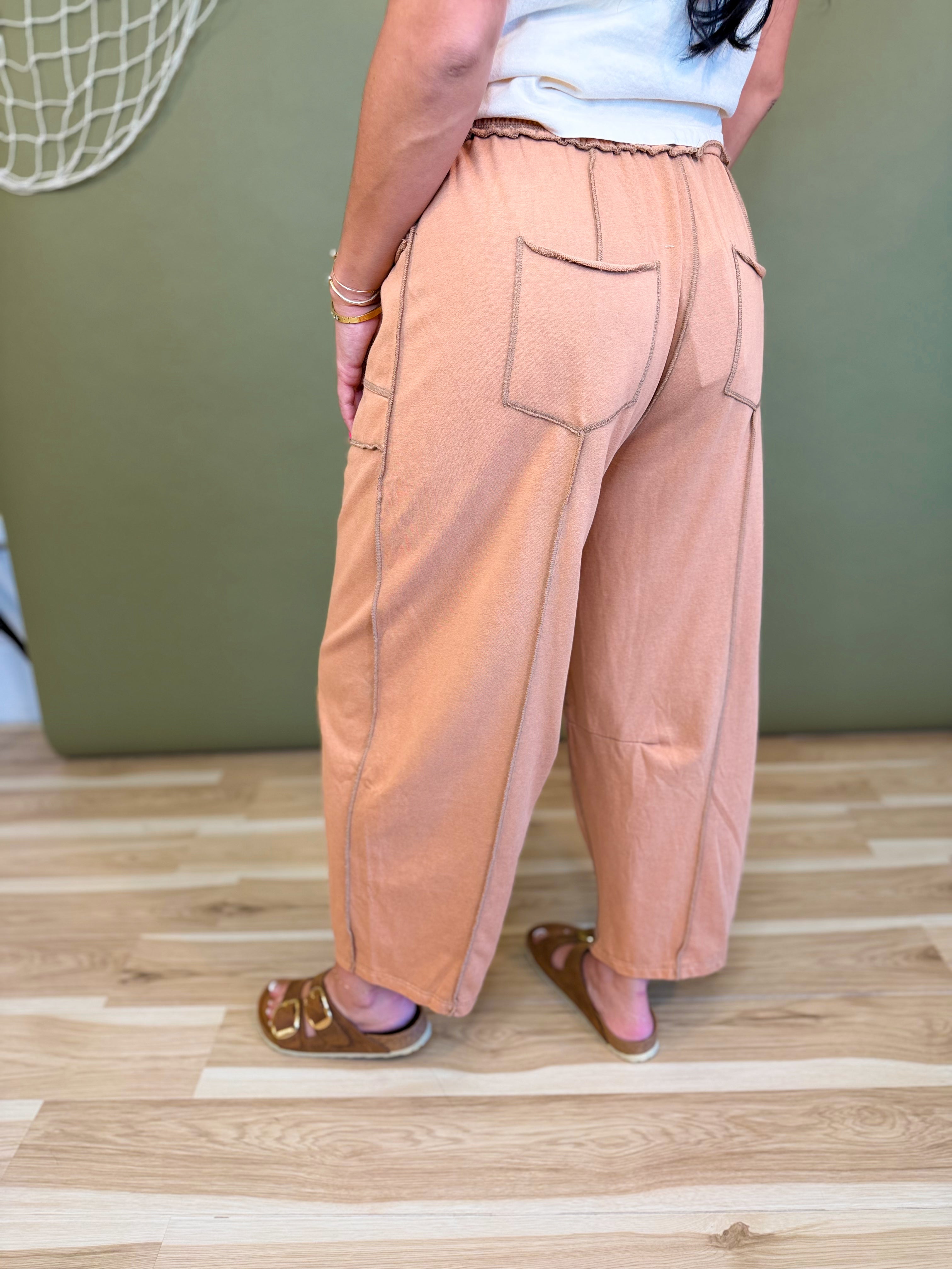 Mineral Wash Barrel Fit Utility Knit Pants - Camel - Lace and Grace Boutique
