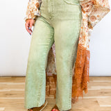 Washed High Rise Stretch Wide Leg Jeans - Olive