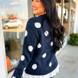 Polka Dot Print Eyelet Lace Trim Knit Sweater - Navy