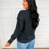 Acid Wash Ribbed Pullover Top - Black
