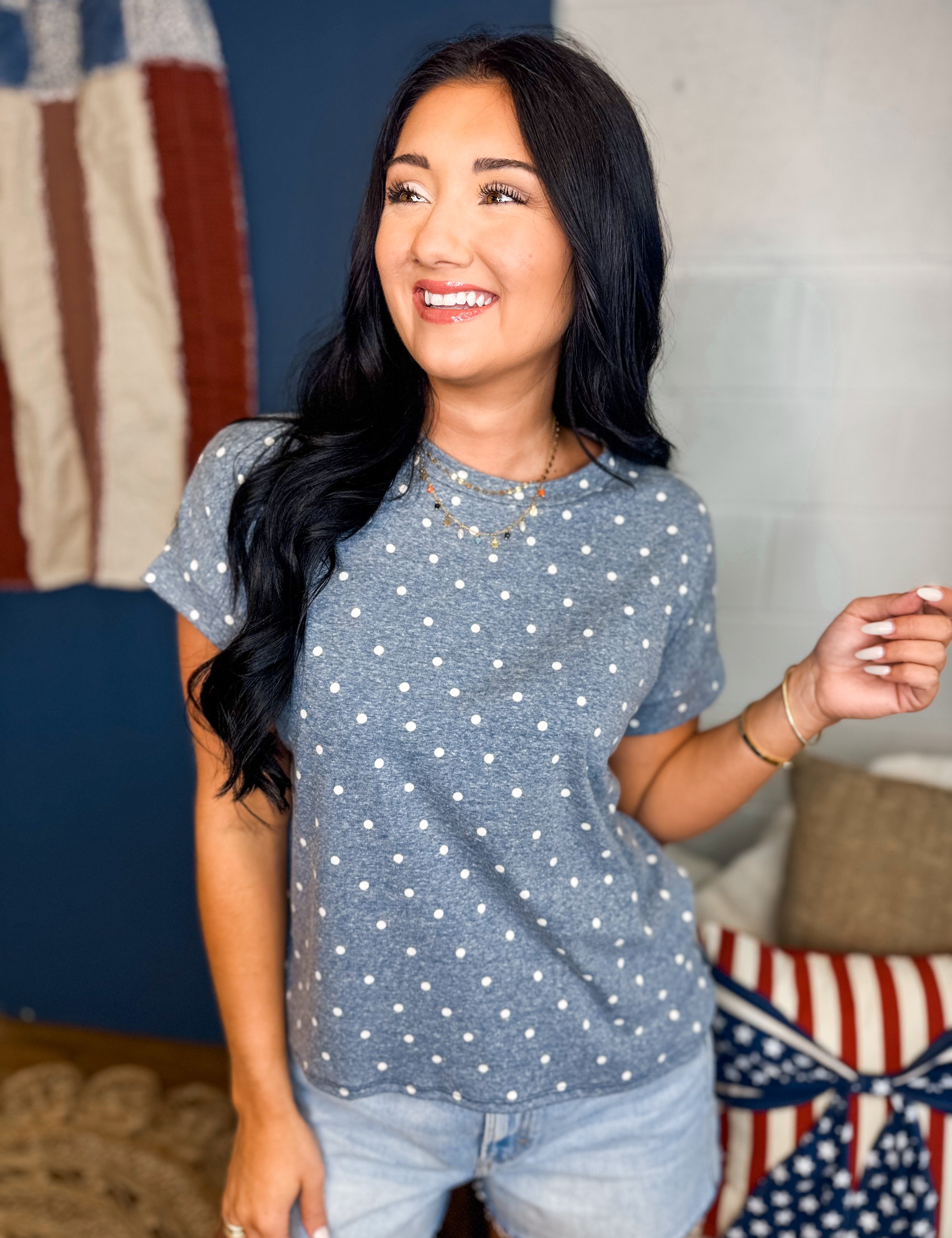 Polka Dot Banded Short Sleeve Top - Navy/White - Lace and Grace Boutique