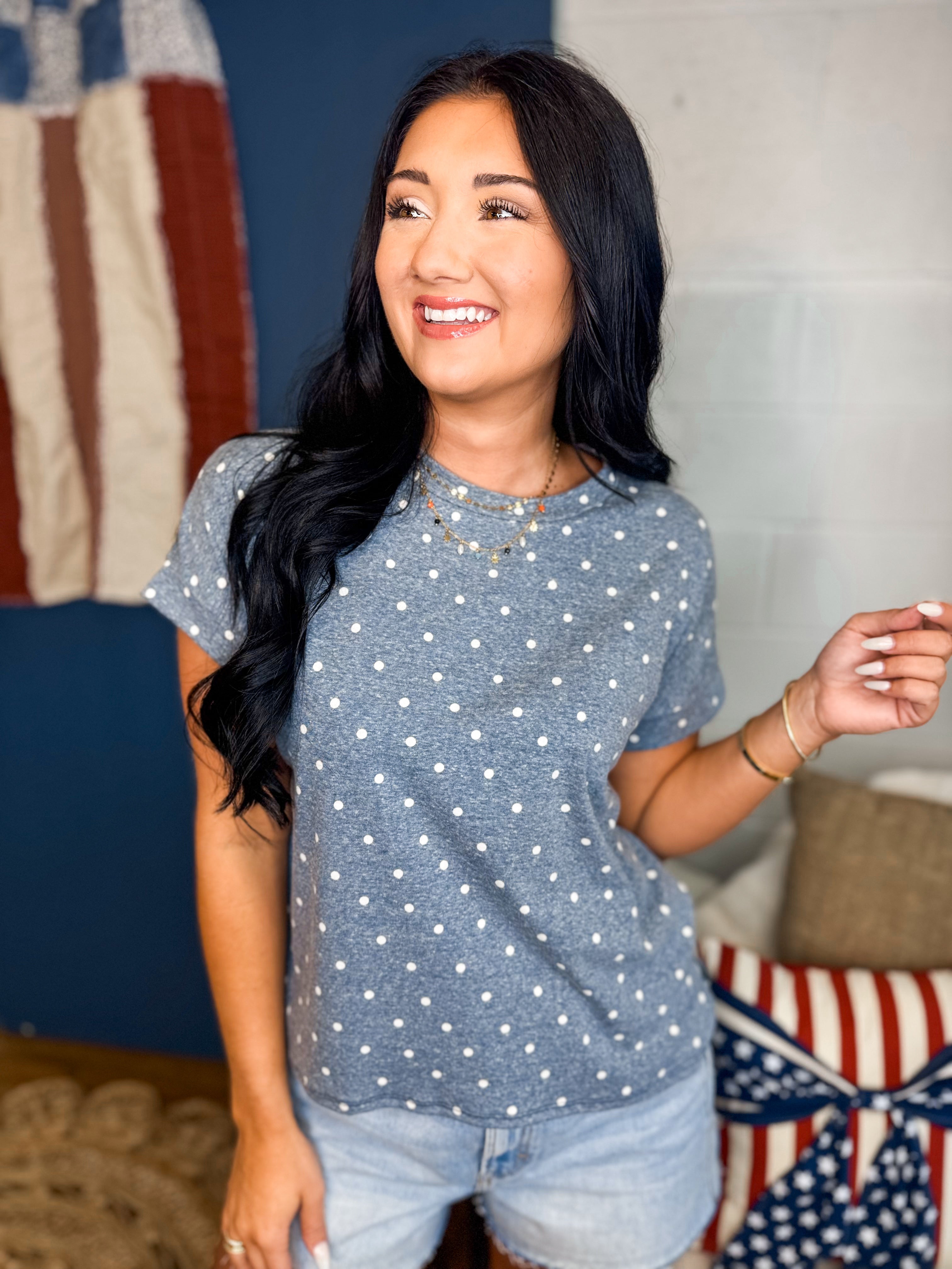 Polka Dot Banded Short Sleeve Top - Navy/White - Lace and Grace Boutique