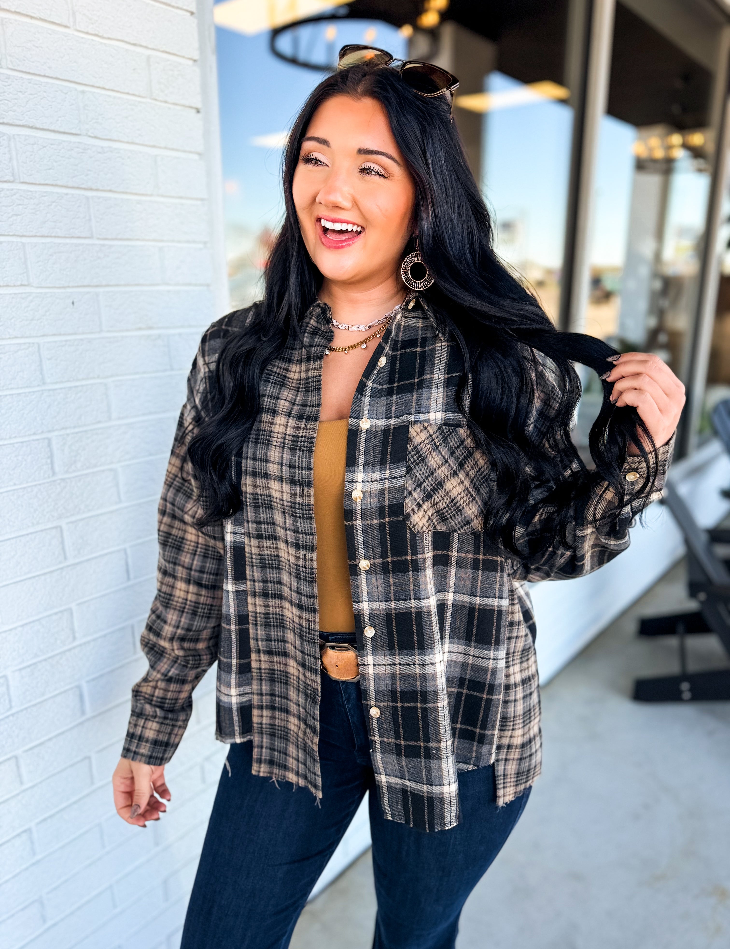 Plaid Patchwork Button Up Flannel Top - Gray - Lace and Grace Boutique