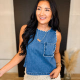 Washed Denim Scalloped Trim Tank Top - Denim