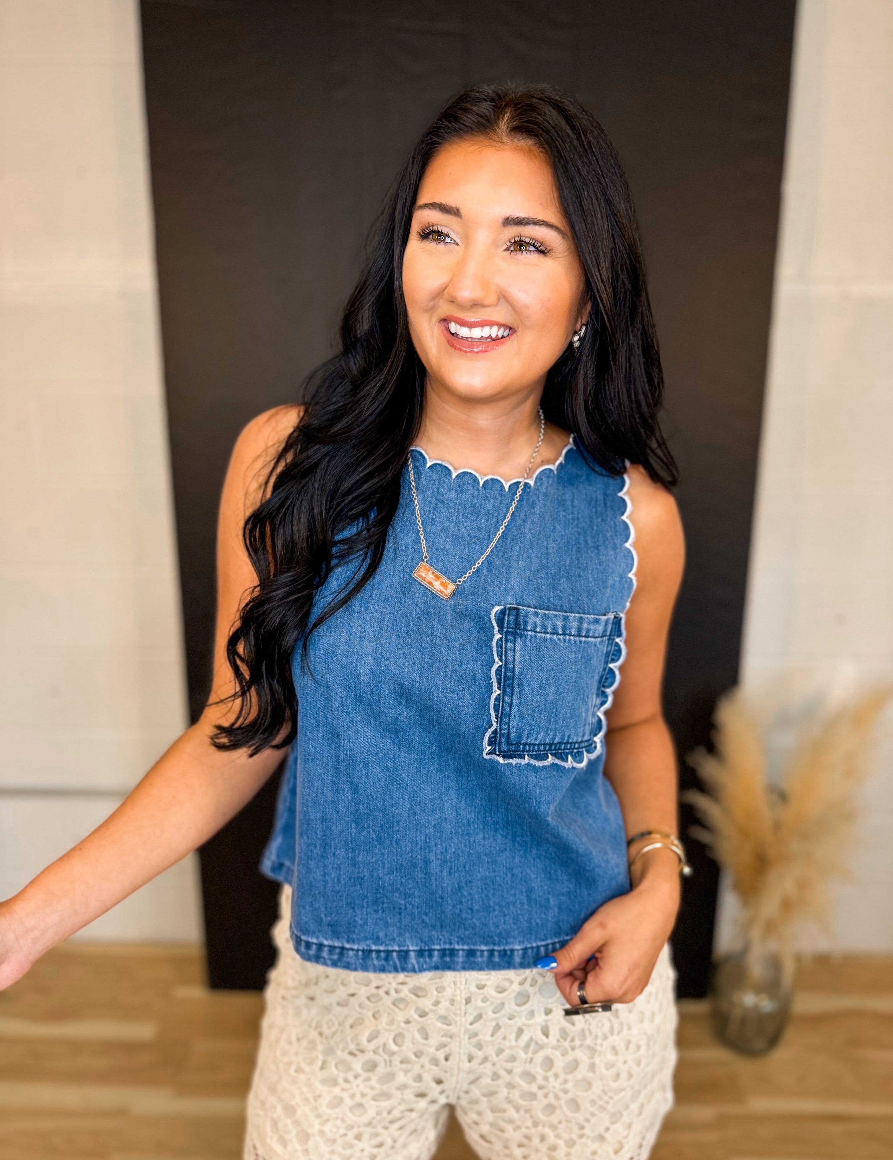 Washed Denim Scalloped Trim Tank Top - Denim - Lace and Grace Boutique