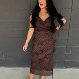 Cascading Ruffle Polka Dot Midi Dress - Chocolate