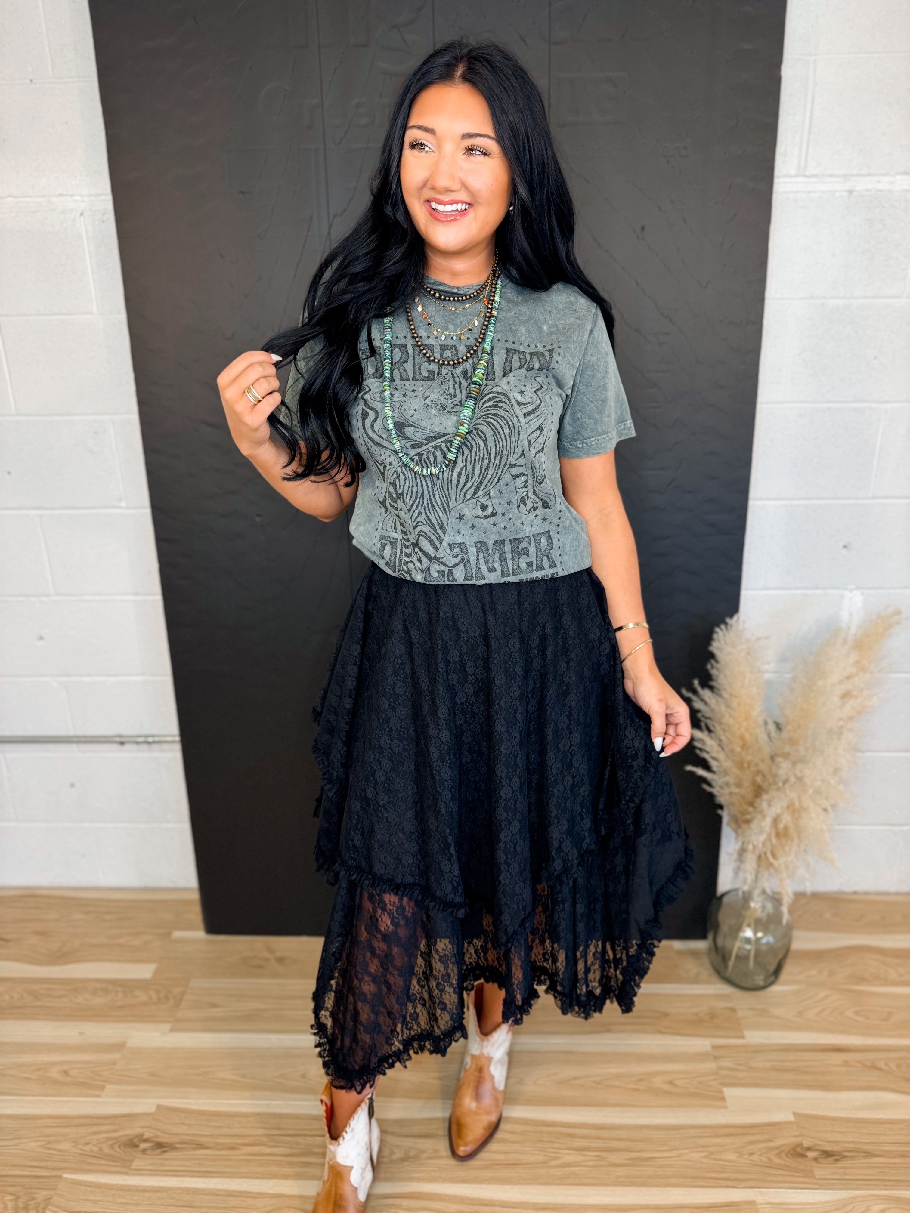 Dream On Dreamer Mineral Wash Graphic Tee - Stone Gray - Lace and Grace Boutique