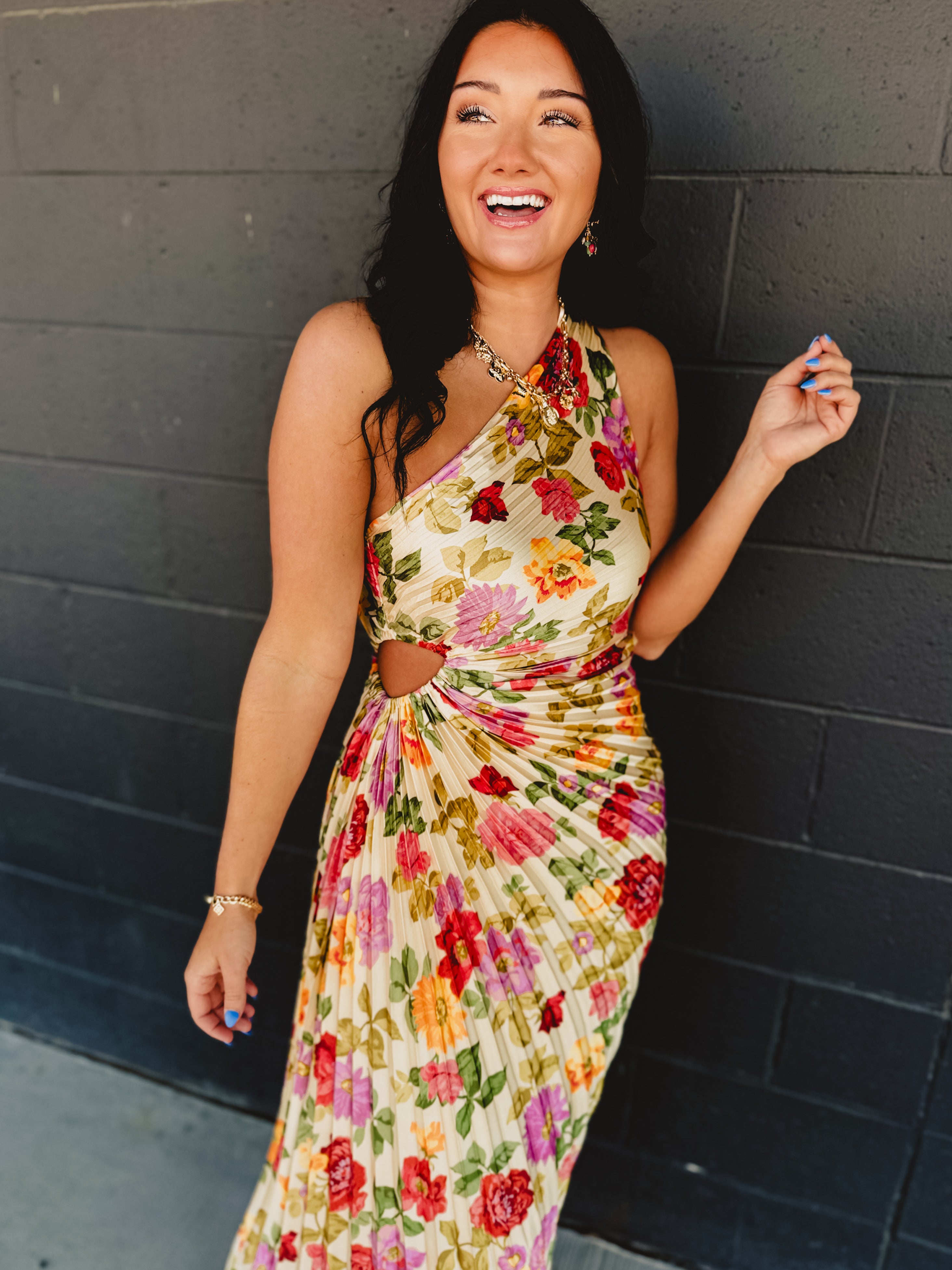 One Shoulder Asymmetrical Pleated Maxi Dress - Garden Multi - Lace and Grace Boutique