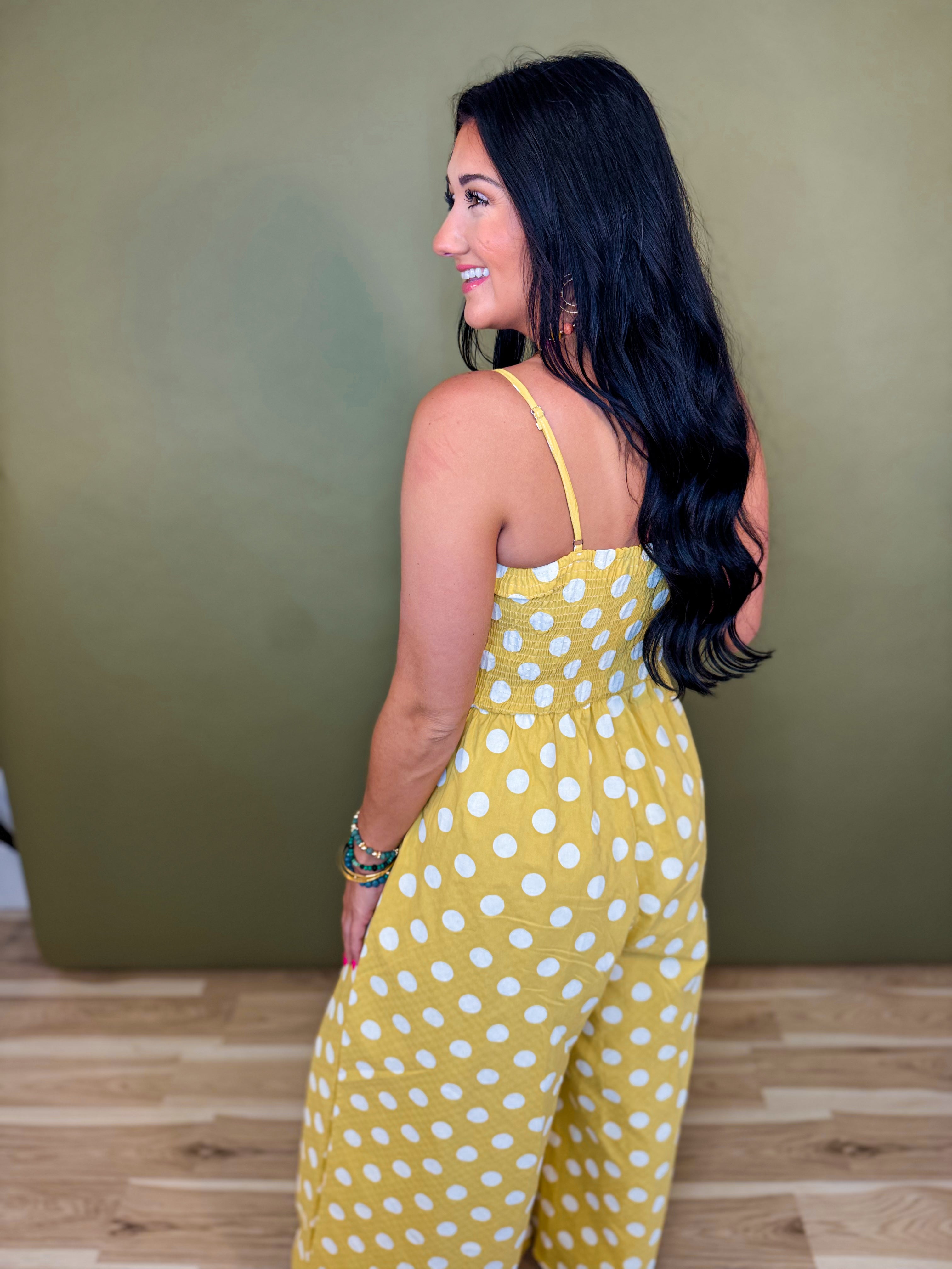 Polka Dot Print Smocked Detail Jumpsuit - Yellow - Lace and Grace Boutique
