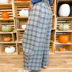 Plaid Crinkled Gauze Wide Leg Pants - Eucalyptus - Lace and Grace Boutique