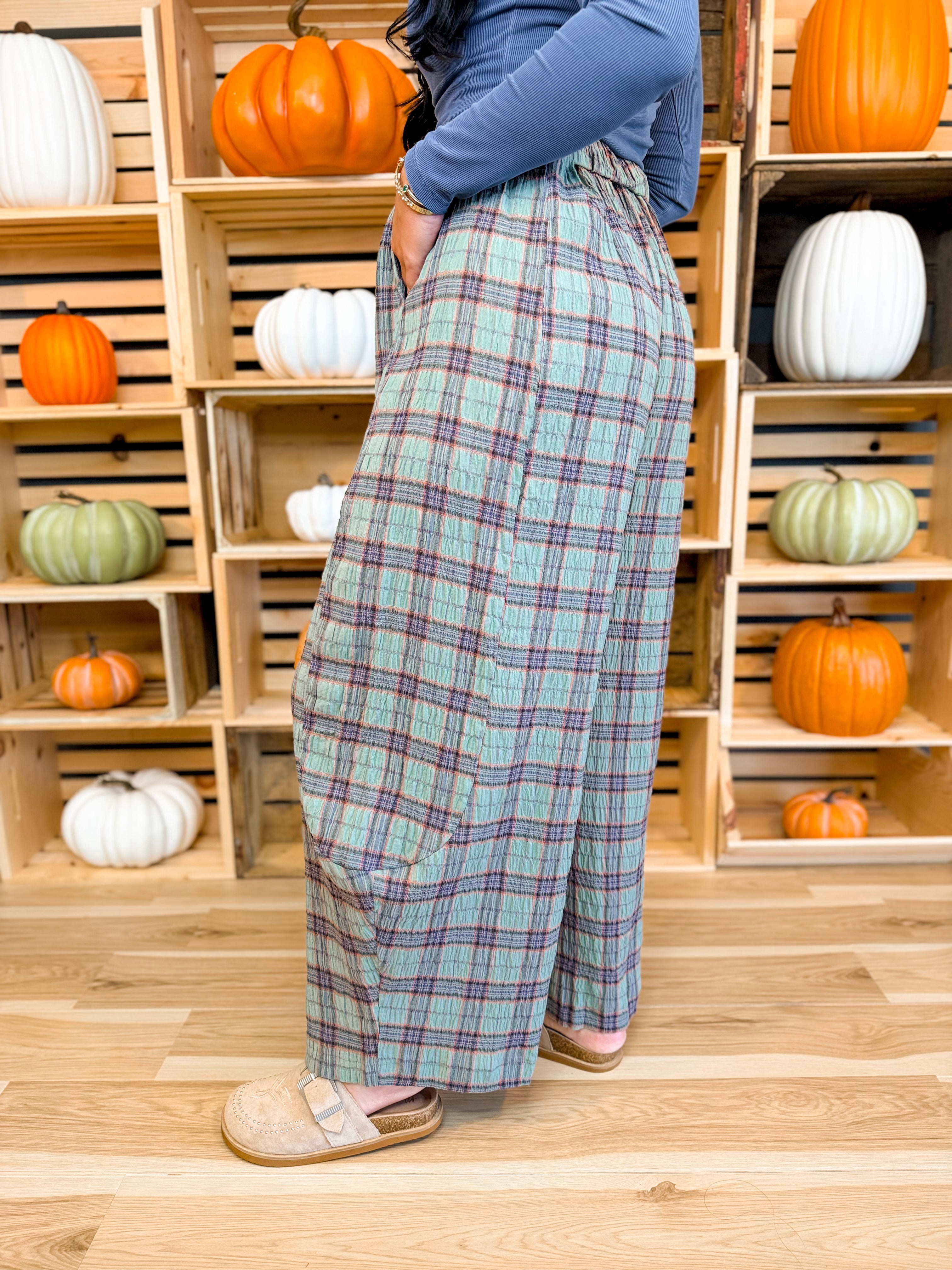 Plaid Crinkled Gauze Wide Leg Pants - Eucalyptus - Lace and Grace Boutique