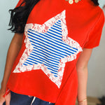 Mineral Wash Striped Lace Star Patch Top - Red - Lace and Grace Boutique