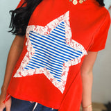 Mineral Wash Striped Lace Star Patch Top - Red - Lace and Grace Boutique