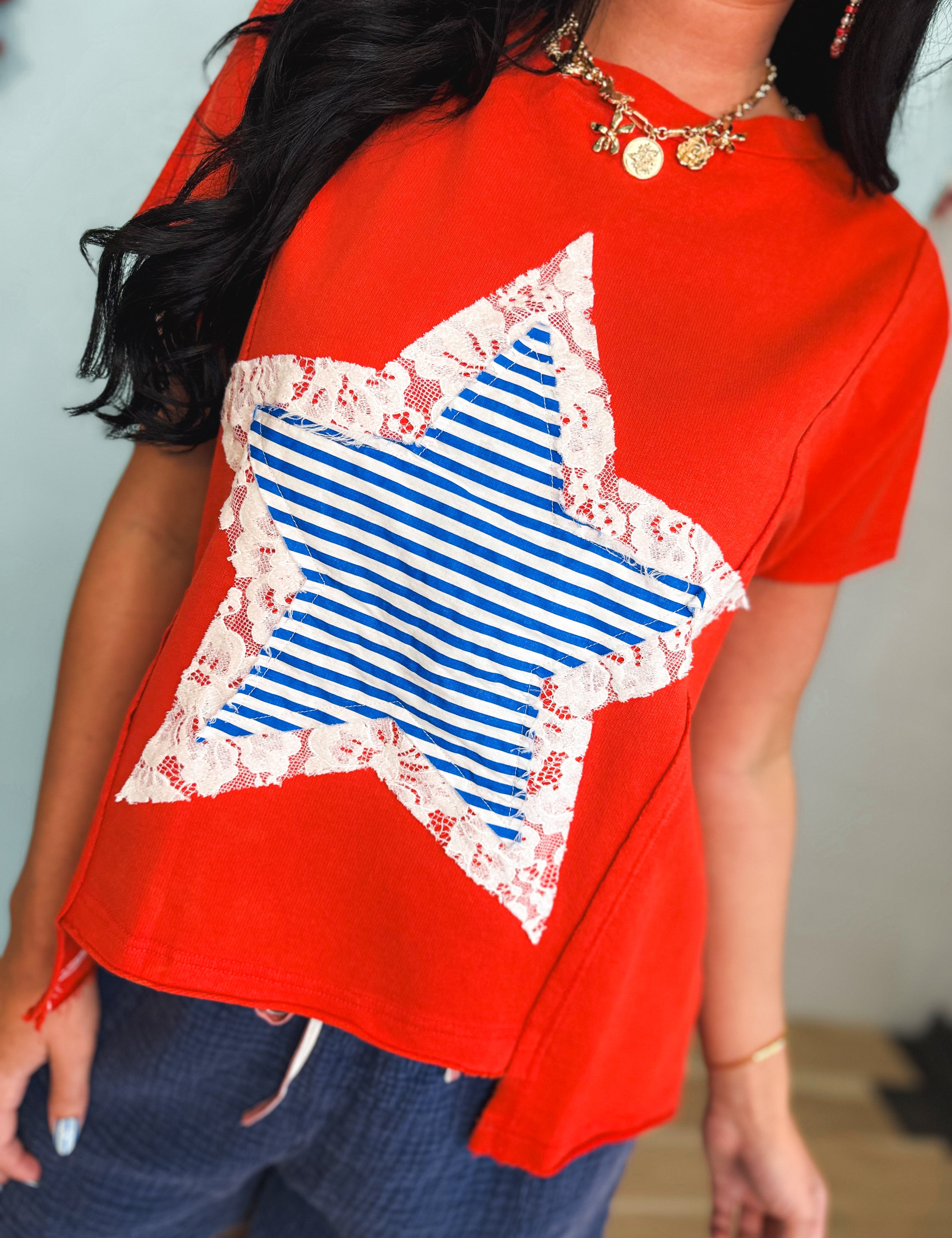 Mineral Wash Striped Lace Star Patch Top - Red - Lace and Grace Boutique