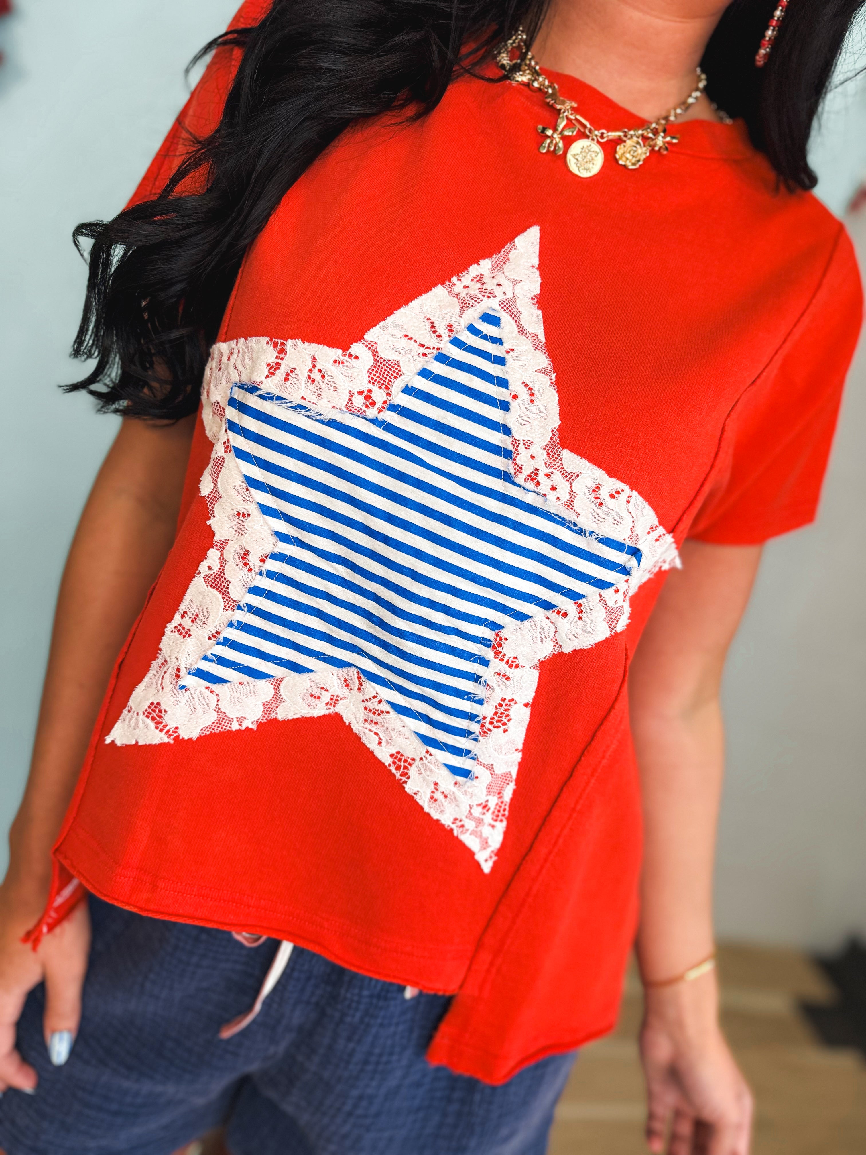 Mineral Wash Striped Lace Star Patch Top - Red - Lace and Grace Boutique