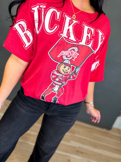Ohio State Buckeyes Split Oversized Graphic Tee - Red - Lace and Grace Boutique
