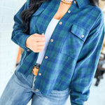 Plaid Raw Edge Cropped Button Up Shirt - Navy Combo - Lace and Grace Boutique