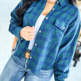 Plaid Raw Edge Cropped Button Up Shirt - Navy Combo - Lace and Grace Boutique
