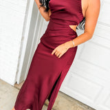 Satin One Shoulder Ruched Maxi Dress - Burgundy
