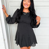 Polka Dot Flared Long Sleeve Mini Dress - Black