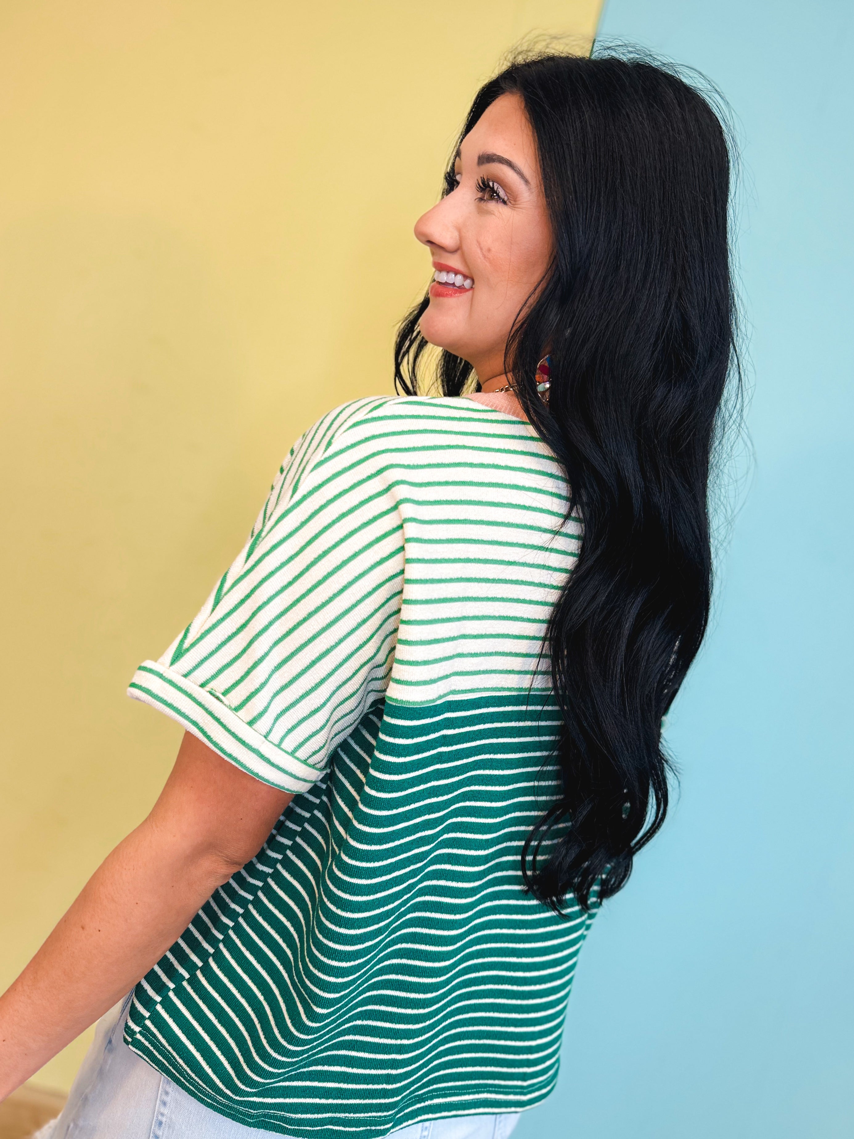 Color Block Striped Top - Peacock Green Combo - Lace and Grace Boutique