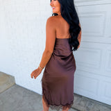 Satin Strapless Lace Hem Midi Dress - Dark Chocolate - Lace and Grace Boutique