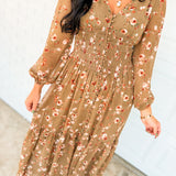 Romantic Floral Smocked Button Down Maxi Dress - Dusted Olive