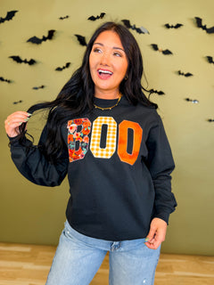 Boo Patchwork Letter Graphic Sweatshirt - Black - Lace and Grace Boutique