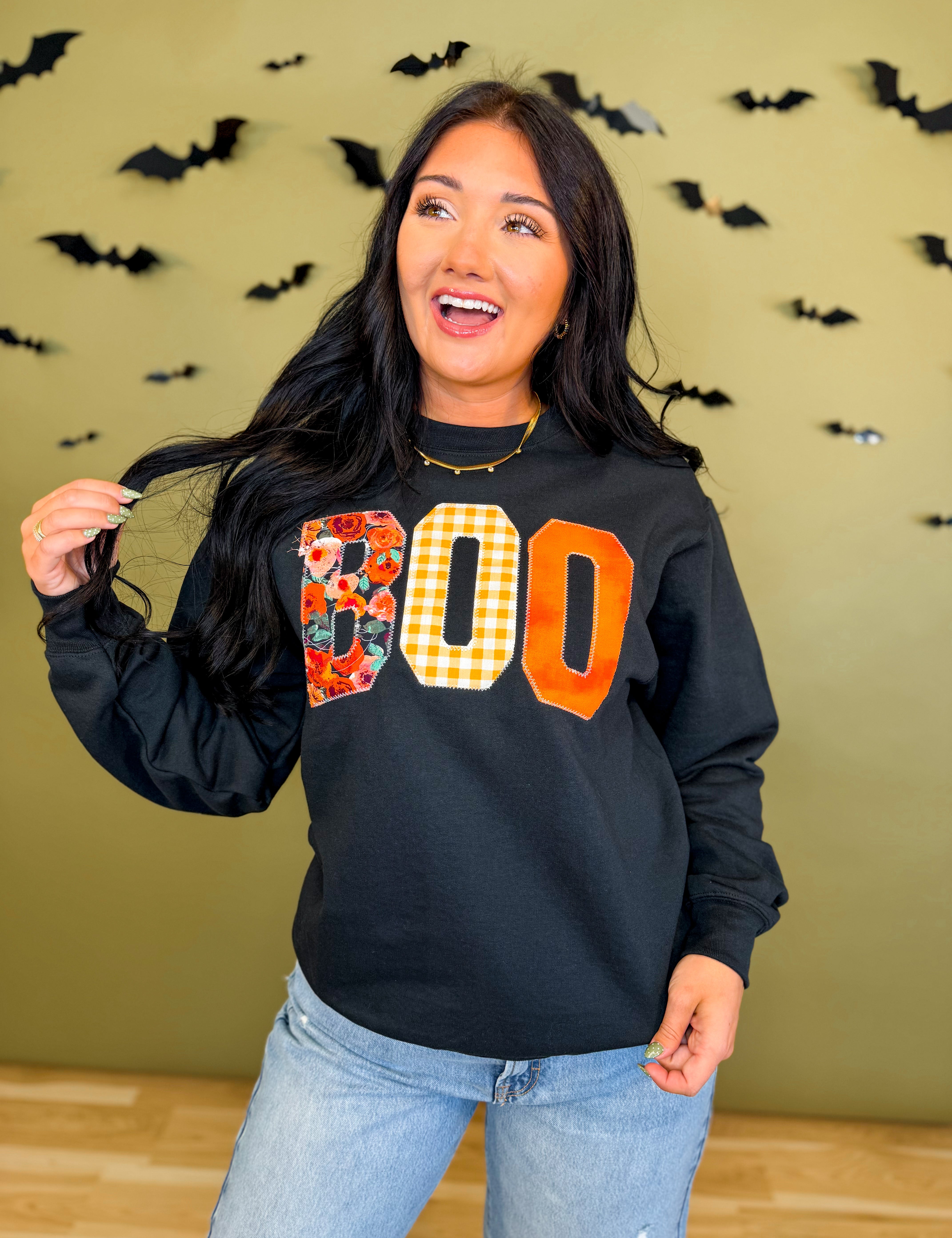 Boo Patchwork Letter Graphic Sweatshirt - Black - Lace and Grace Boutique