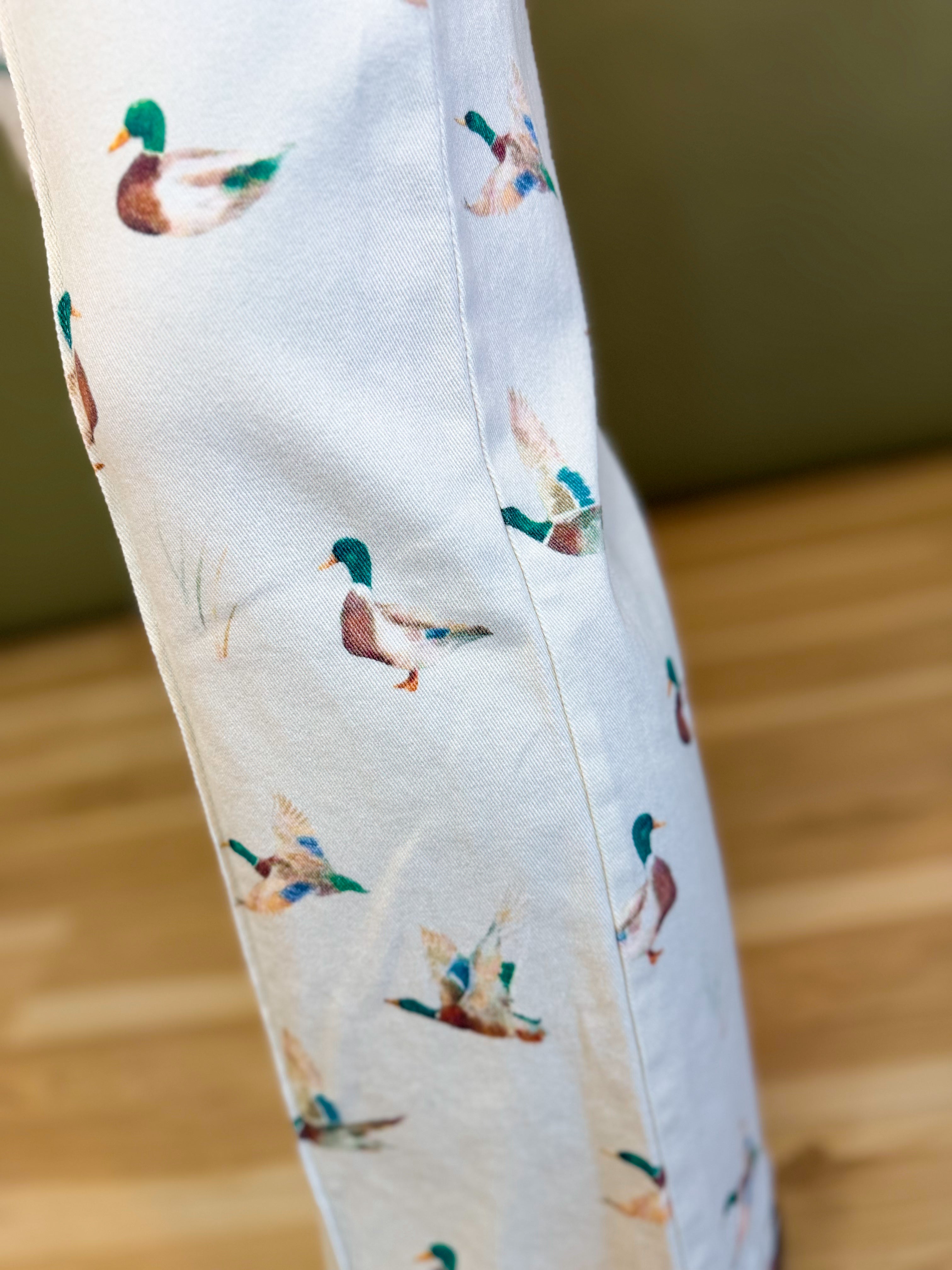 Mallard Printed Stretch Denim Wide Leg Jeans - Ivory - Lace and Grace Boutique