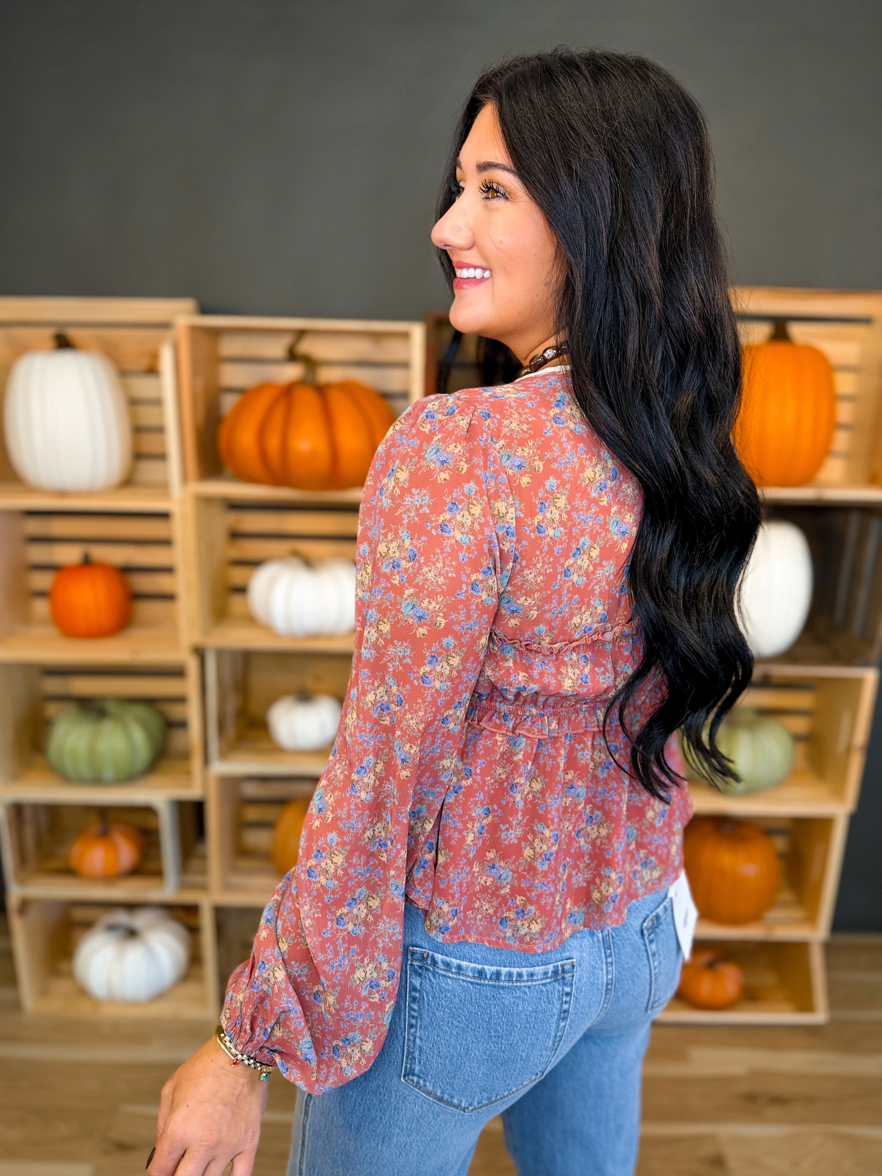 Floral Front Tie Tiered Blouse - Rust Multi - Lace and Grace Boutique