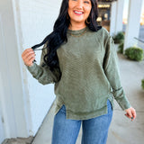 Acid Wash Ribbed Pullover Top - Dark Olive - Lace and Grace Boutique