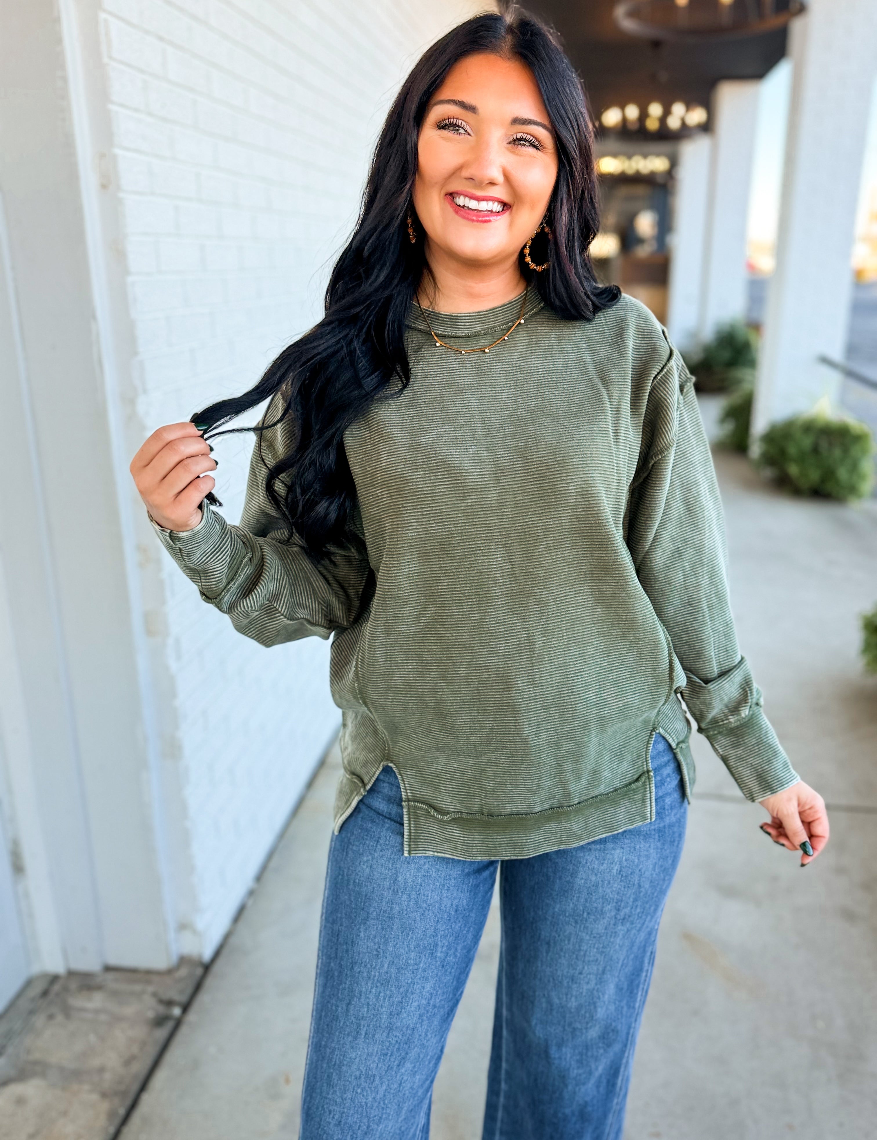 Acid Wash Ribbed Pullover Top - Dark Olive - Lace and Grace Boutique