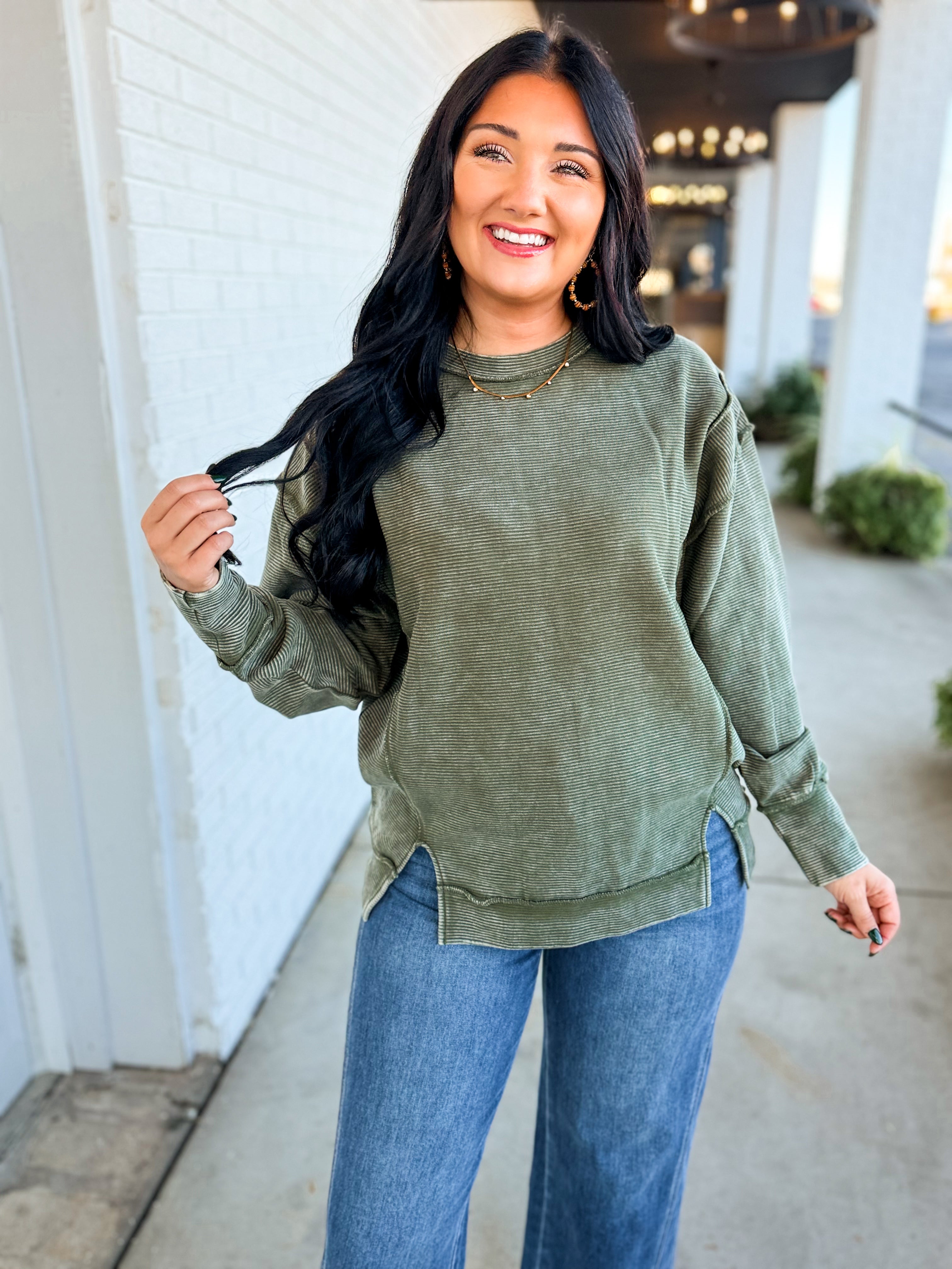 Acid Wash Ribbed Pullover Top - Dark Olive - Lace and Grace Boutique