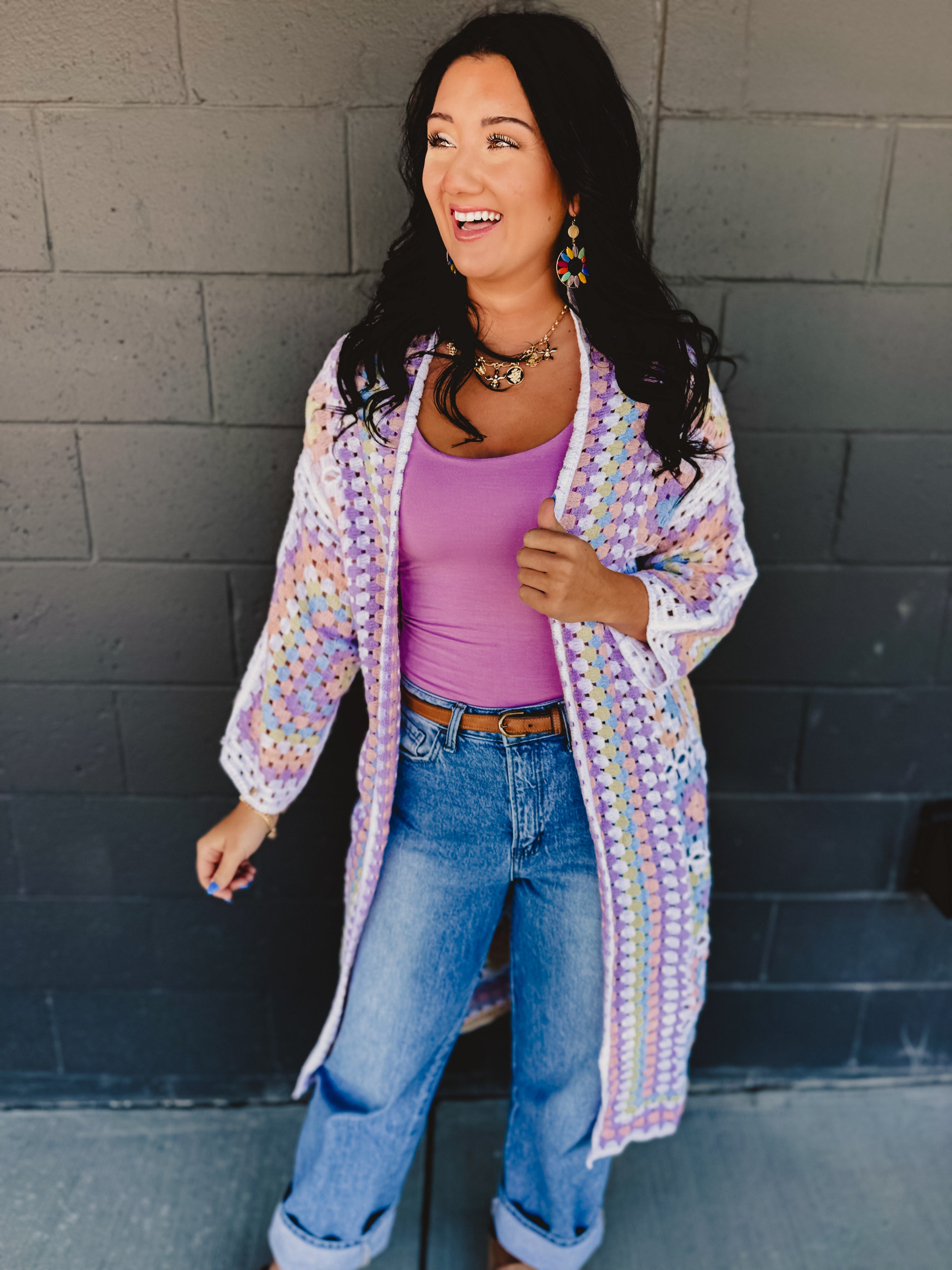 POL Granny Square Crochet Cardigan - White Multi - Lace and Grace Boutique