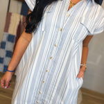 Striped Button Up Shirt Mini Dress - Denim Blue/White - Lace and Grace Boutique
