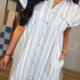 Striped Button Up Shirt Mini Dress - Denim Blue/White - Lace and Grace Boutique