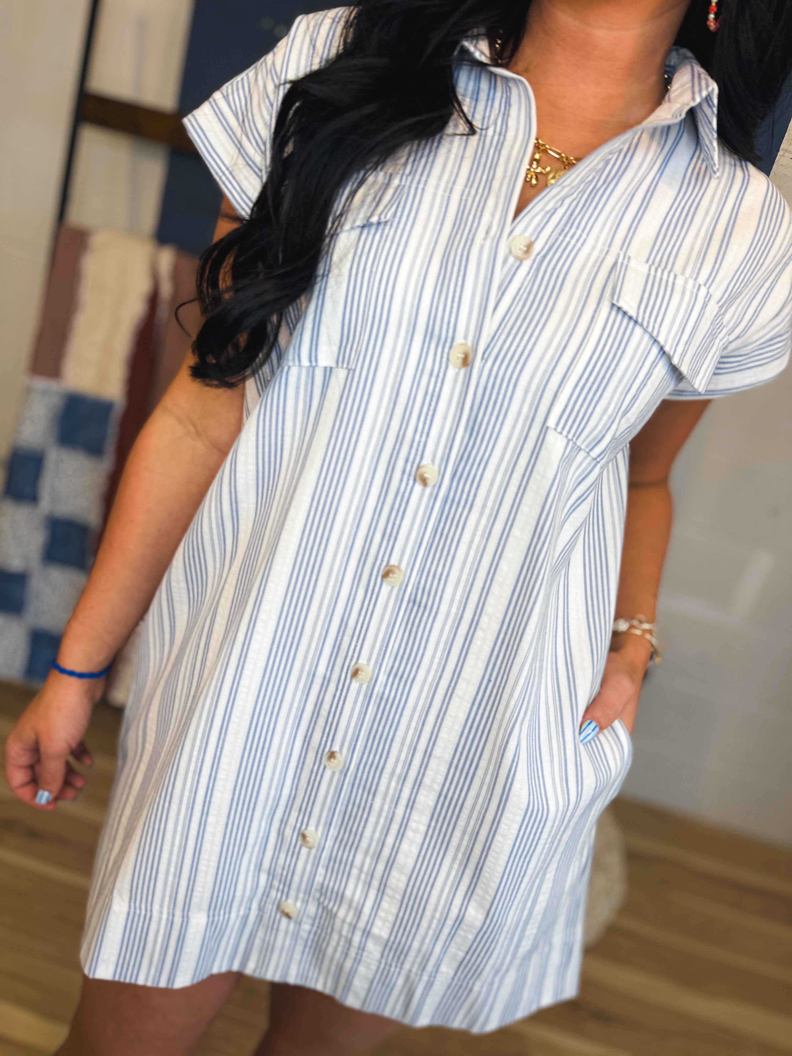 Striped Button Up Shirt Mini Dress - Denim Blue/White - Lace and Grace Boutique