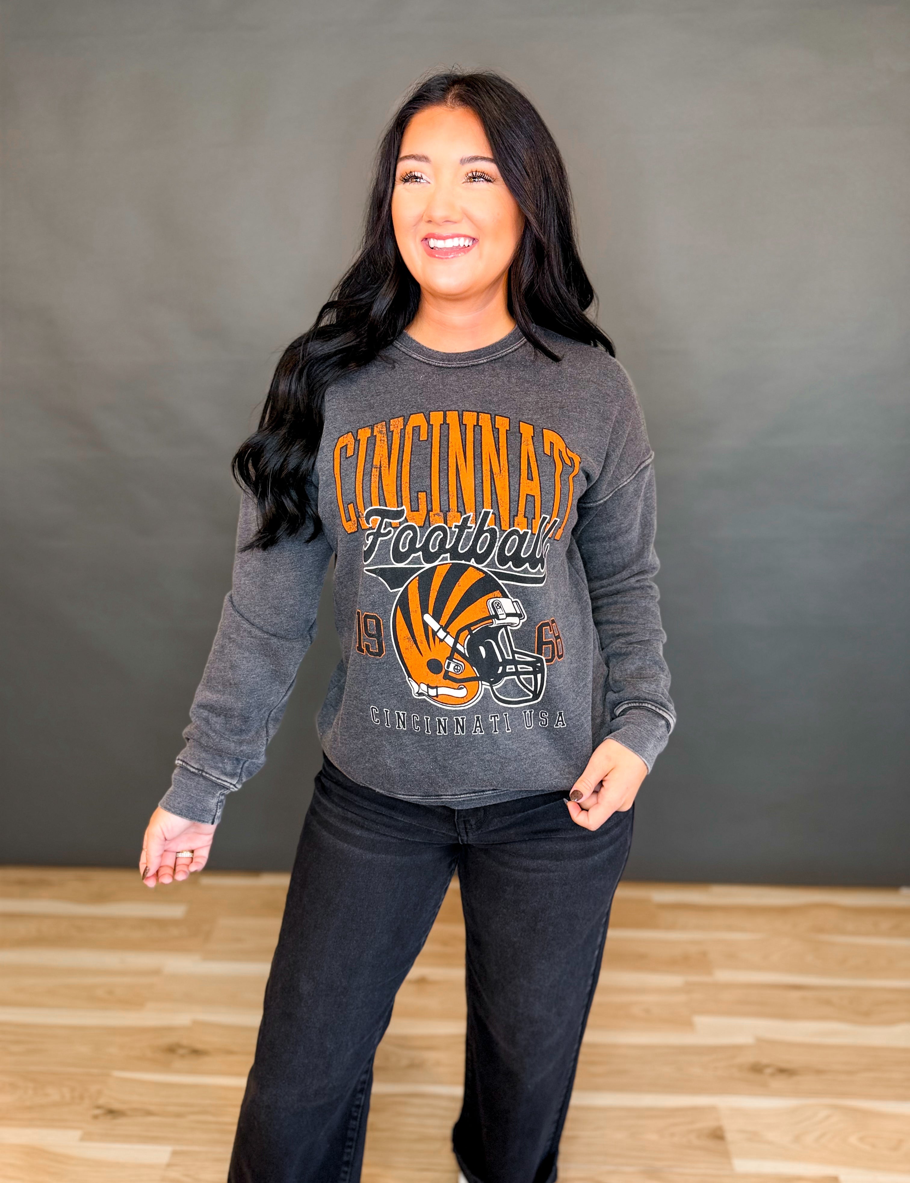 Cincinnati Football Mineral Washed Sweatshirt - Black - Lace and Grace Boutique