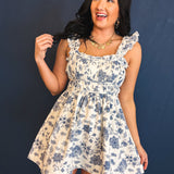 Floral Printed Denim Sleeveless Mini Dress - Blue/Ivory