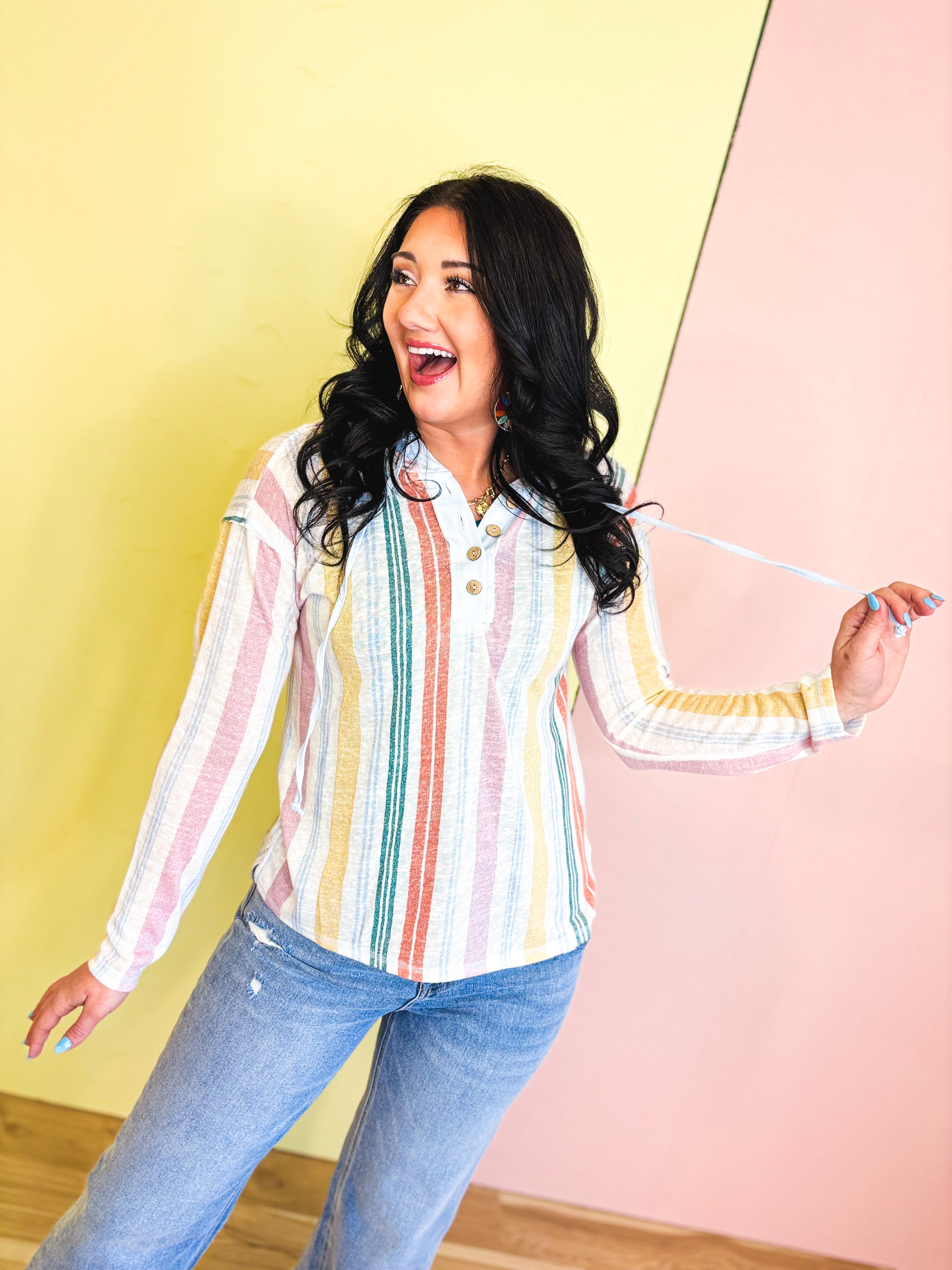 Striped Button Up Hooded Pullover - Multi - Lace and Grace Boutique