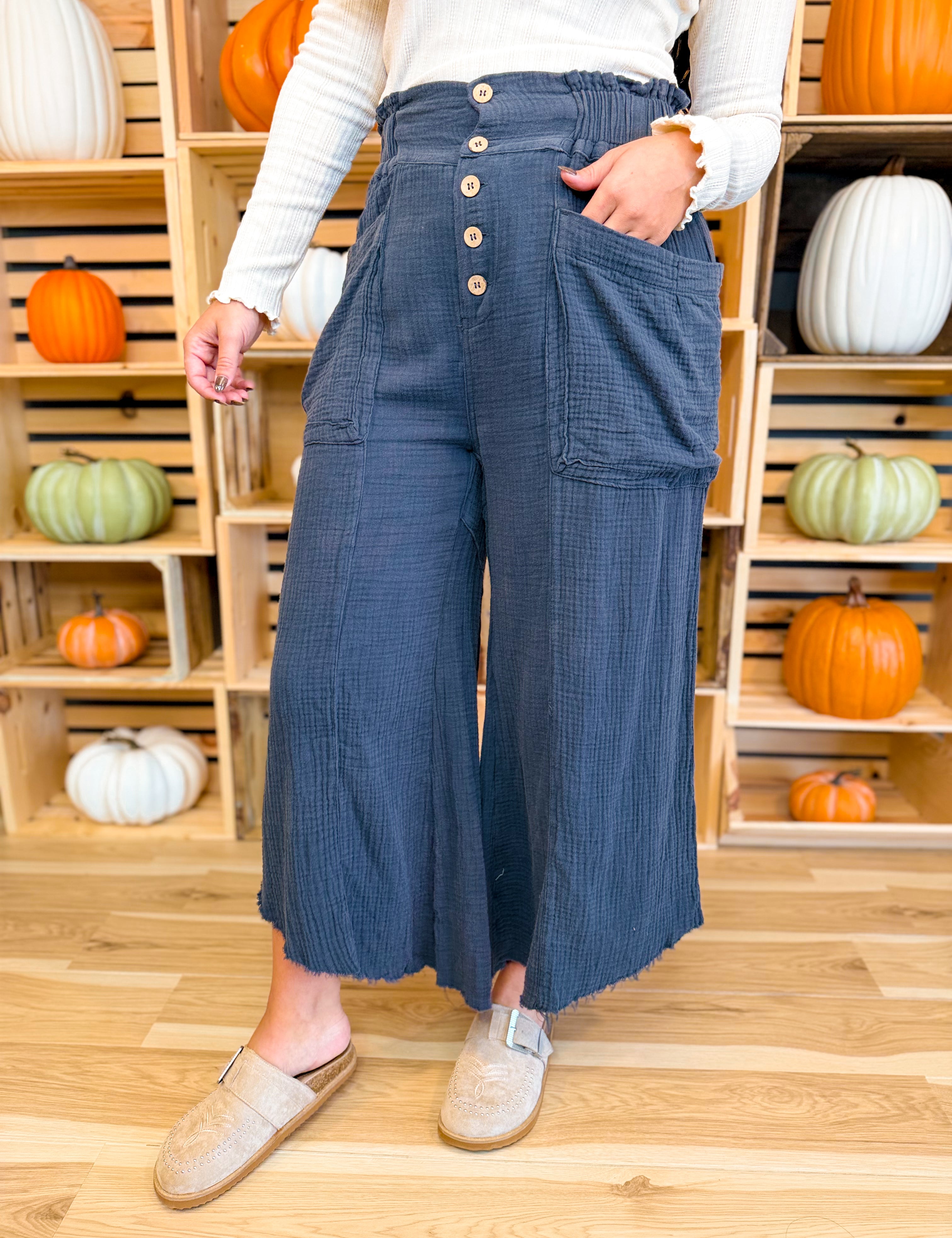 Mineral Wash Cotton & Linen Culotte Pants - Charcoal - Lace and Grace Boutique