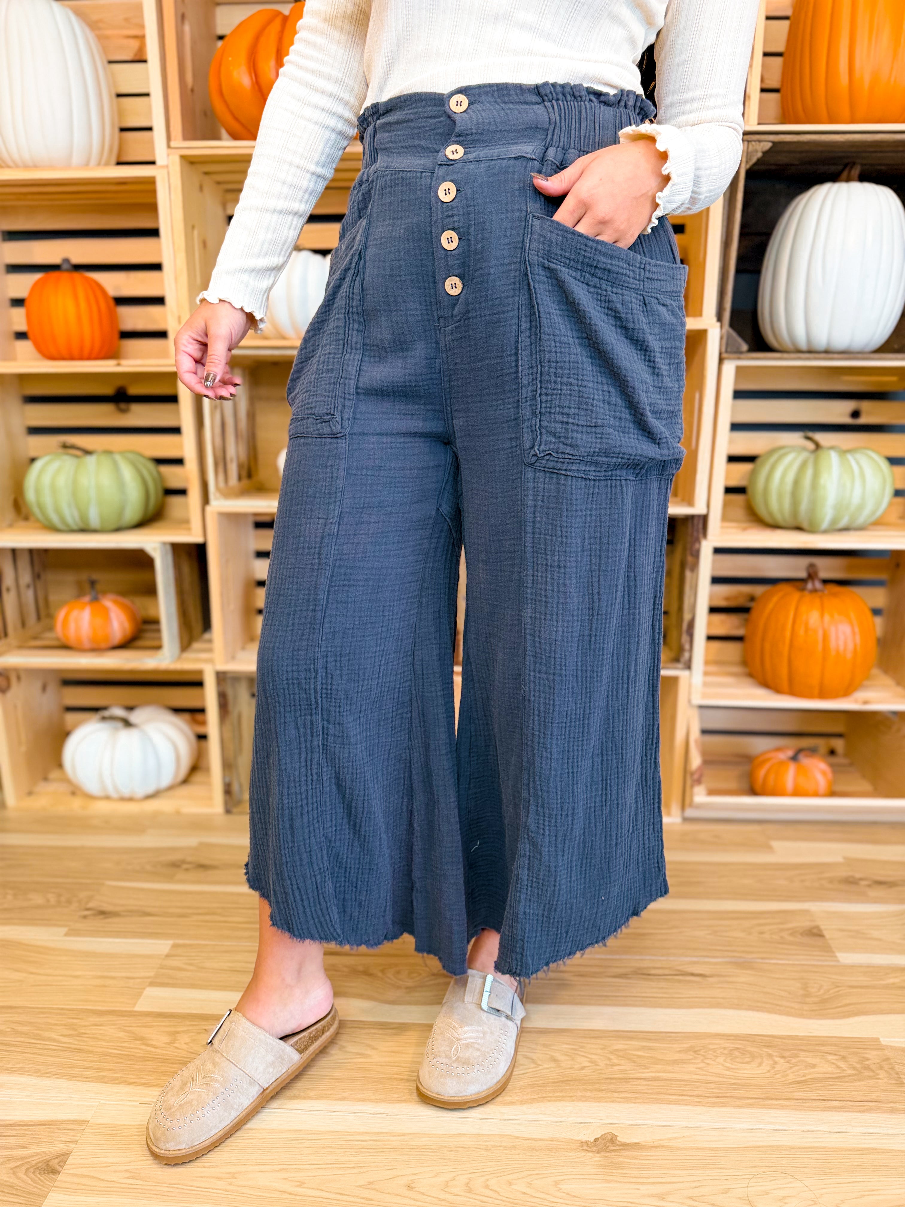 Mineral Wash Cotton & Linen Culotte Pants - Charcoal - Lace and Grace Boutique