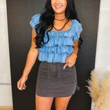Tiered Flutter Sleeve Chambray Denim Top - Lace and Grace Boutique
