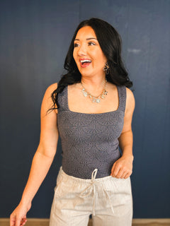 Washed Textured Detail Knit Top - Navy - Lace and Grace Boutique