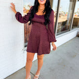 Abstract Dotted Long Sleeve Mini Dress - Mauve Wine