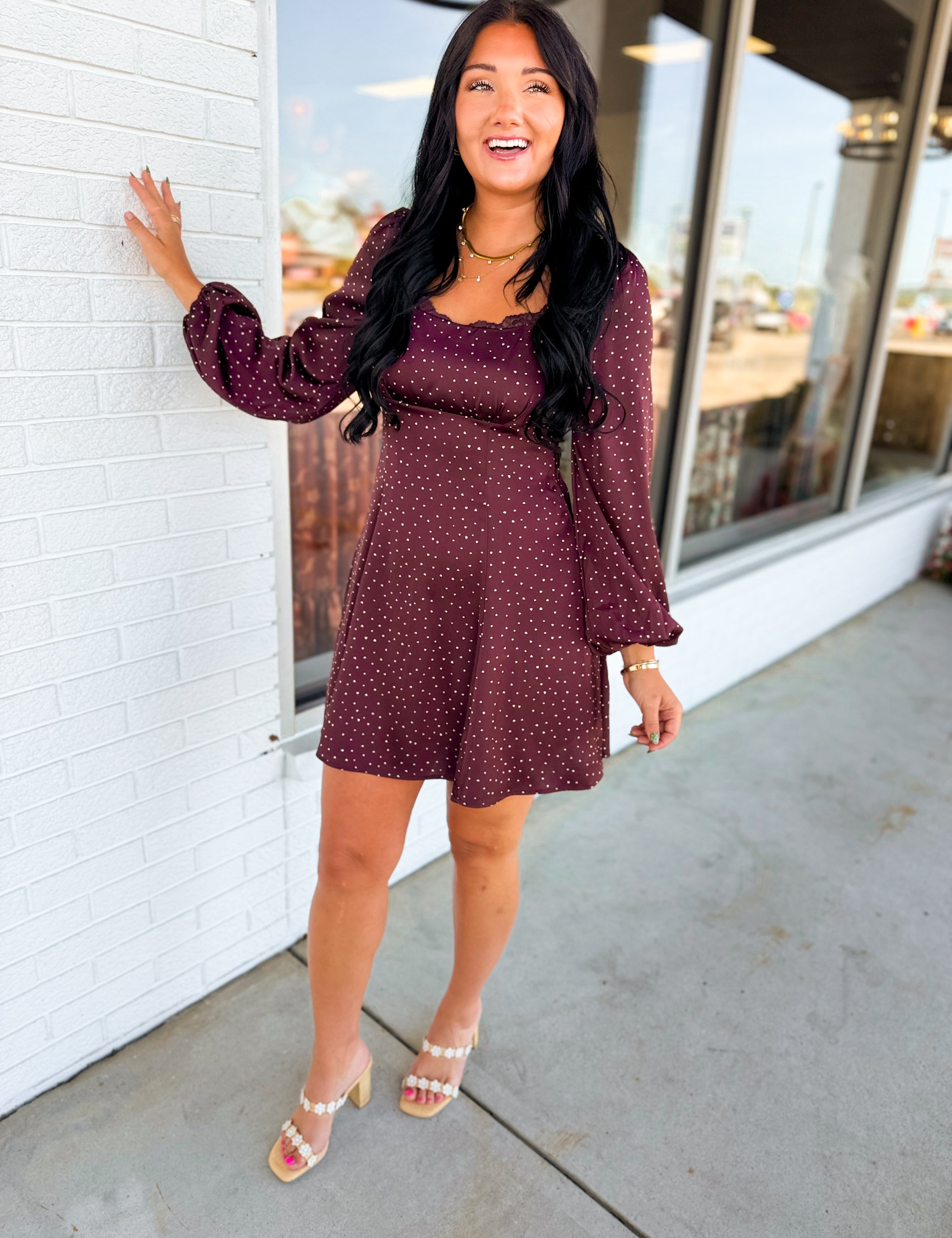 Abstract Dotted Long Sleeve Mini Dress - Mauve Wine - Lace and Grace Boutique