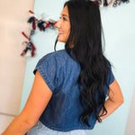 Mixed Media Flag Patch Dolman Sleeve Top - Indigo Blue - Lace and Grace Boutique