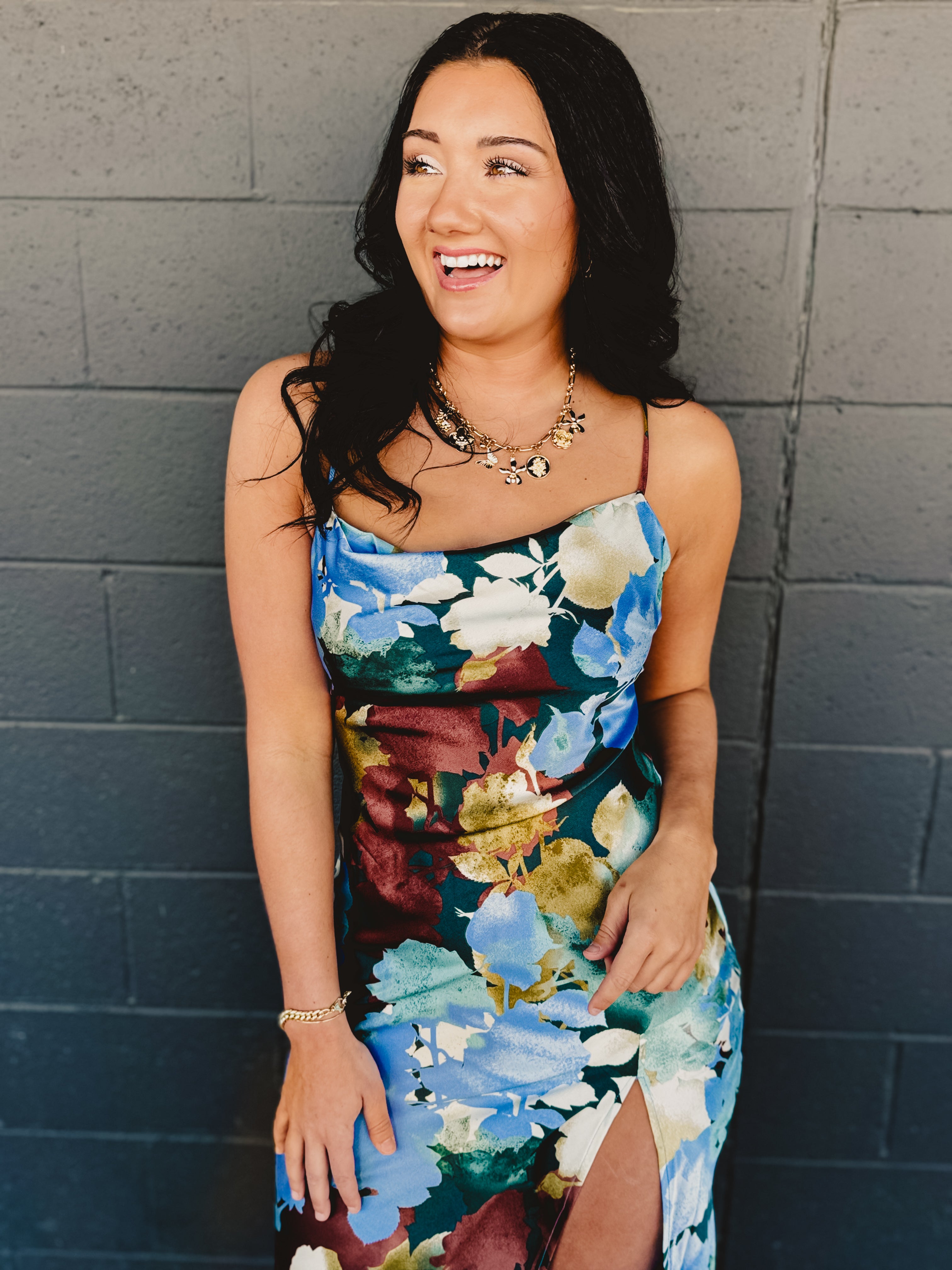 Floral Satin Slip Maxi Dress - Blue Multi - Lace and Grace Boutique