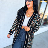 Metallic Mixed Fringe Hem Sweater Cardigan - Black Multi